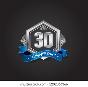 30 years anniversary logotype design with blue ribbon, silver hexagon, and ornament isolated on dark background. Vector template for celebration company event, greeting card, and invitation card