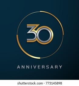 30 Years Anniversary Logotype with  Gold and Silver Multi Linear Number in a Golden Circle , Isolated on Dark Background