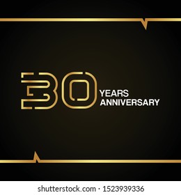 30 Years Anniversary logotype with golden colored font numbers made of one connected line, isolated on black background for company celebration event, birthday - Vector 