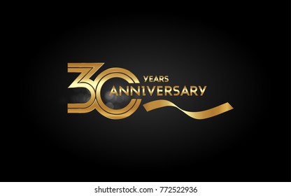 30 Years Anniversary Logotype with  Golden Multi Linear Number and Gold Ribbon, Isolated on Black Background
