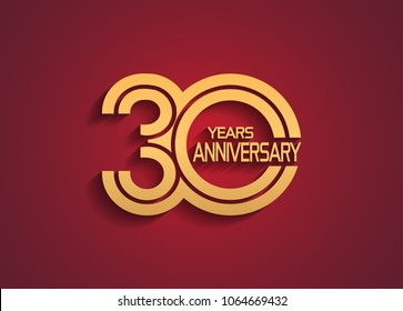 30 years anniversary logotype with linked multiple line golden color isolated on red background for celebration event