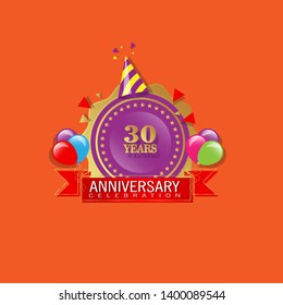 30 years anniversary - modern design celebrating. 30 years anniversary celebration simple logo. ribbon,balloon, gold emblem