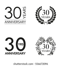 30 years anniversary set. Anniversary icon emblem or label collection. 30 years celebration and congratulation decoration element. Vector illustration.