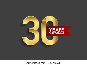 30 years anniversary simple design with golden color and red ribbon isolated on black background for celebration event
