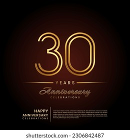 30 years anniversary, anniversary template design with double line number and golden text for birthday celebration event, invitation, banner poster, flyer, and greeting card, vector template