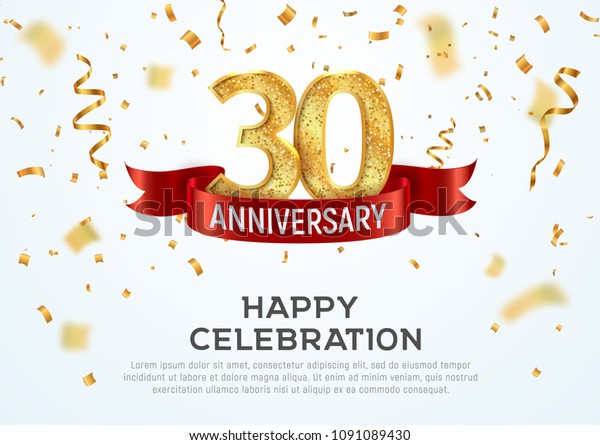 30 years\
anniversary vector banner template. Thirty year jubilee with red\
ribbon and confetti on white\
background
