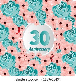 30 años de aniversario. Tarjeta de saludo decorativa floral para celebración