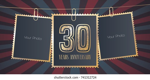 30 Jahre Jubiläum, Vektoremblem, Logo. Vorlagendesign-Element, Grußkarte mit Collage aus leeren Fotorahmen auf festlichem Hintergrund zum 30-jährigen Jubiläum