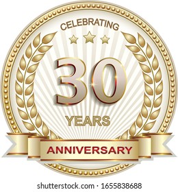 30 years anniversary vector golden design background for celebration, congratulation and birthday card