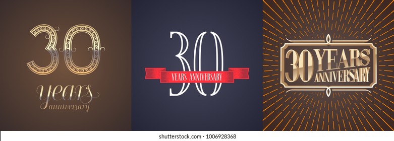 30 years anniversary vector icon,  logo set. Graphic design element with red ribbon and golden number for  celebration of 30th anniversary 
