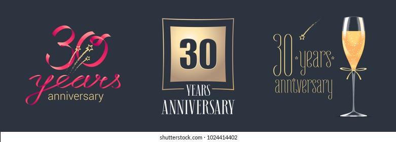 30 years anniversary vector icon,  logo set. Festive design element with  golden numbers and champagne for 30th anniversary celebration 