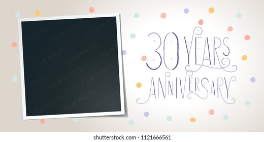 30 years anniversary vector icon, logo. Template design element, greeting card with collage of photo frame and elegant lettering for 30th anniversary 