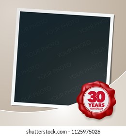 30 years anniversary vector icon, logo. Template design element, greeting card with collage of photo frame and wax seal for 30th anniversary 