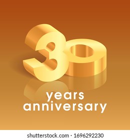 30 years anniversary vector icon, logo. Square design element with 3D golden number on isolated background for 30th anniversary