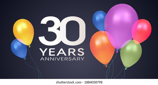 30 years anniversary vector icon, logo, banner. Horizontal design element with air balloons on isolated background for 30th anniversary