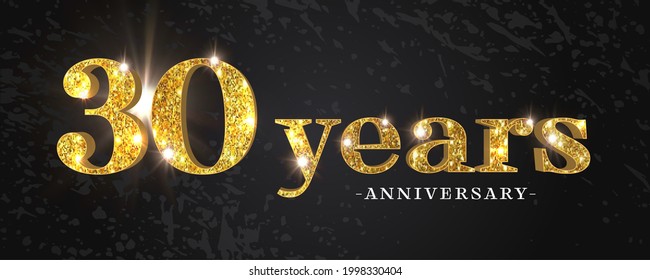 30 years anniversary vector icon, symbol, logo. Graphic background or card with golden glitter for 30th anniversary birthday celebration