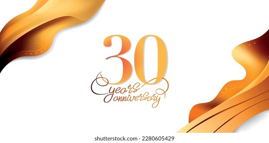 Icono vectorial de 30 años, logotipo. Diseño elegante aislado con letras, cinta ondulada y número para la tarjeta de cumpleaños número 30 o símbolo