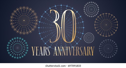 30 years anniversary vector icon, logo. Template design, banner  with fireworks for 30th anniversary greeting card, can be used as decoration element