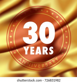 30 years anniversary vector icon, logo. Template design element  with golden medal in silk for 30th anniversary greeting card, can be used as decoration element