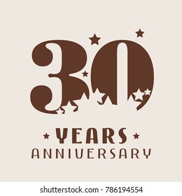 30 years anniversary vector icon,  logo. Graphic design element with number and stars decoration for 30th anniversary 