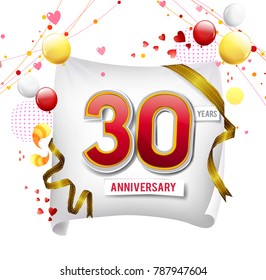 30 years anniversary vector illustration, banner, flyer, logo, icon, symbol. Graphic design element with flag, balloon, ribbon, confetty. Birthday greeting, event celebration