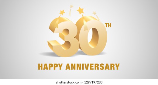 30 years anniversary vector logo, icon. Template banner, symbol with 3d golden numbers for 30th anniversary greeting card 