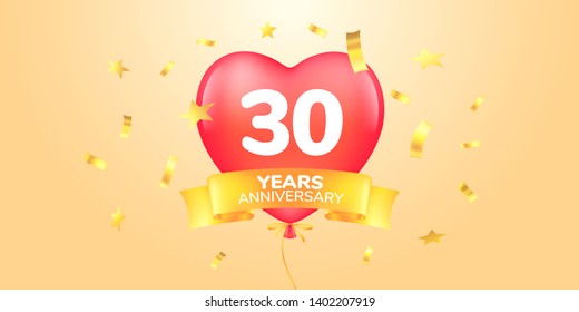 30 years anniversary vector logo, icon. Template banner, symbol with heart shape air hot balloon for 30th anniversary greeting card 