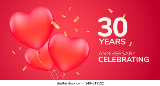 30 years anniversary vector logo, icon. Template banner with 3d red air balloons for 30th anniversary marriage greeting card 
