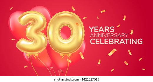 30 years anniversary vector logo, icon. Template banner with heart  air hot balloon for 30th anniversary greeting card 