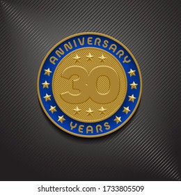 30 years anniversary vector logo, icon. Graphic symbol with golden medal for 30th anniversary greeting card