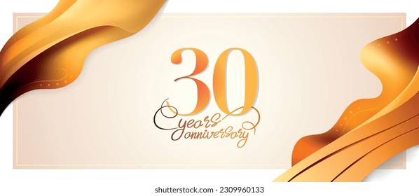 Logo vectorial de 30 años, icono. Elemento gráfico con cinta ondulada de color dorado para tarjeta de saludo de 30 años
