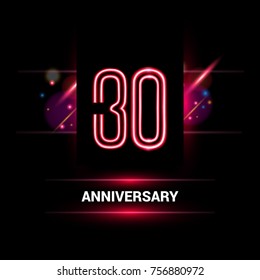 30 Years Anniversary vector logo design using neon style with flare ornament isolated on dark background