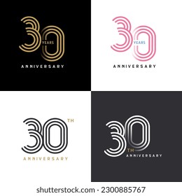 30 years anniversary vector number icon, birthday logo label, black, white and colors stripe number