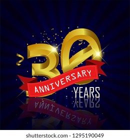 30 years anniversary Vector Template Design with golden color and silver ribbon isolated on blue sunburst background illustration for celebration event - Vector