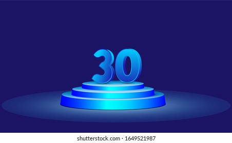30 Jahre alte Vektorillustration Template Design Illustration. Blaue 3D-Zahlen mit Podium-Bühne zum Feiern