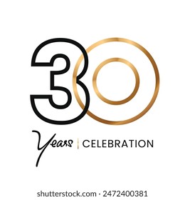 30 Jahre Celebration minimalistische Linie Gold Logo abstraktes Design. Luxus zum Jubiläum. Vektorgrafik Nummer für Symbol, Etikett, Insigna, Siegel, Tag, Zeichen, Siegel, Symbol, Abzeichen, Stempel, Aufkleber, Emblem, etc.