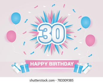 30 Years Colorful Happy Birthday Card Logotype using Paper Cut Style.