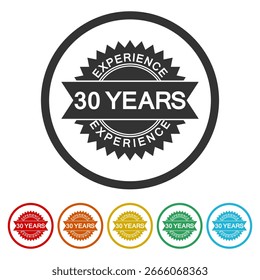 Icono de la experiencia de 30 años. Establecer íconos en Botones de círculo de color