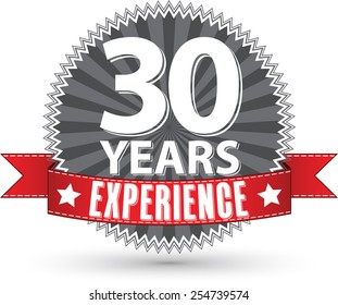 30 años de experiencia en la etiqueta retro con cinta roja, ilustración vectorial