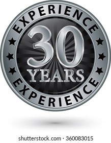 30 years experience silver label with ribbon, vector illustration