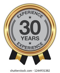 30 Years Experience. Vector Badge with Ribbons.