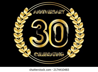 30 years gold anniversary celebration luxury logo. Vector with golden crown for birthday year isolated on black background.