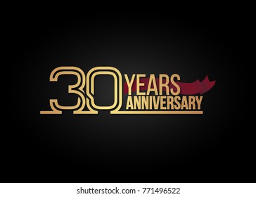 30 Years gold Anniversary celebration logotype using multi linear number with red ribbon isolated on black background.