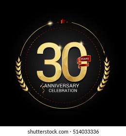 30 years golden anniversary logo with red ribbon, low poly design number, isolated on black background