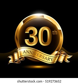 30 years golden anniversary logo celebration with ring and ribbon.