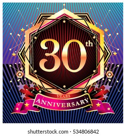 30 years golden anniversary logo celebration with ring and ribbon.