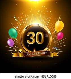 30 years golden anniversary logo celebration with ring, ribbon, firework, and balloon