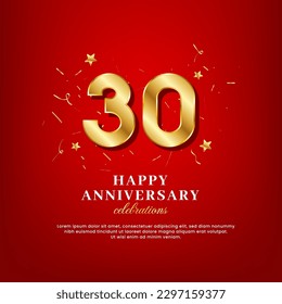 30 years of golden numbers, anniversary celebrating text, ad anniversary congratulation text with golden confetti spread on a red background