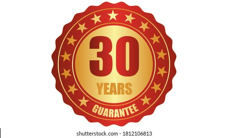30 years guarantee stamp icon or a guarantee tag, badge, label, original certified concept seal vector illustration, logo isolated on white background and golden red text