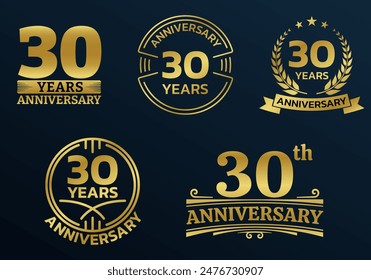 30 years icon or logo set. 30th anniversary celebrating golden sign or stamp. Jubilee, birthday celebration design element. Vector illustration.